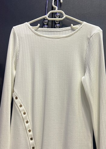 Düğmeli Beyaz Uzun Kollu Triko Kazak - Görsel 2