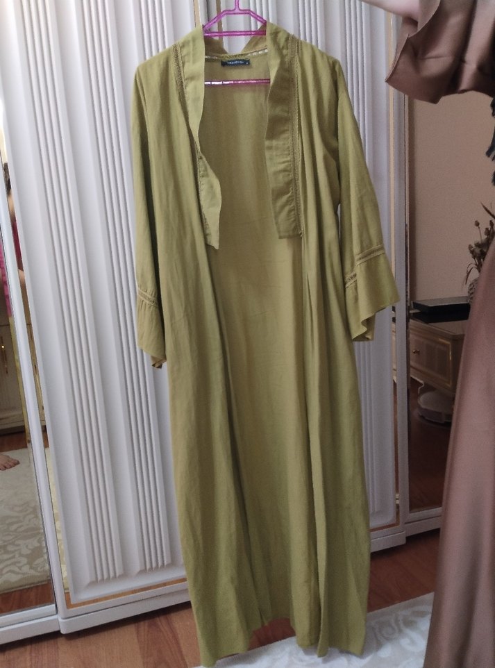 Hafif Haki Renkli Uzun Keten Salaş Elbise - Görsel 2