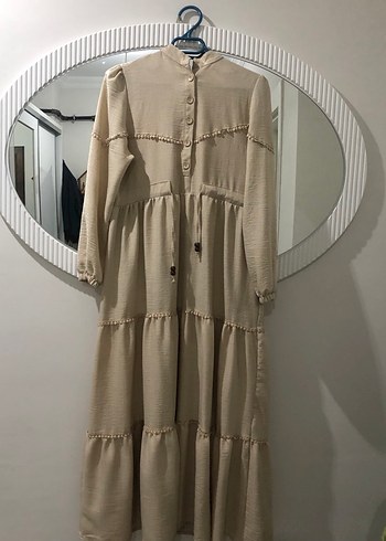 Zara Bej Uzun Keten Elbise Fırfırlı