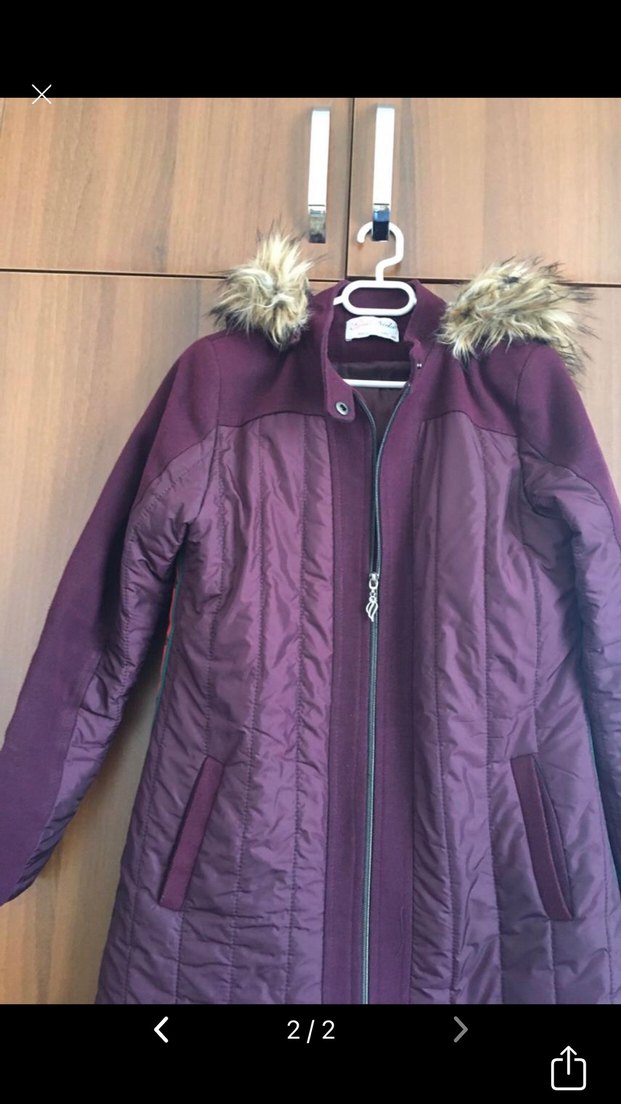 Bordo Uzun Kadın Kışlık Mont Kapüşonlu - Görsel 2