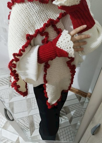 El Yapımı Kırmızı Fırfırlı Atkı & Parmaksız Eldiven Seti - Görsel 2