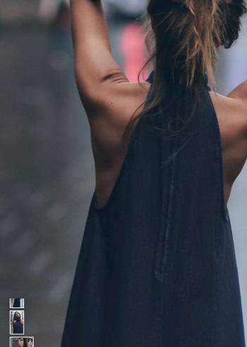 Yüksek Yakalı Lacivert Denim Midi Elbise - Görsel 2