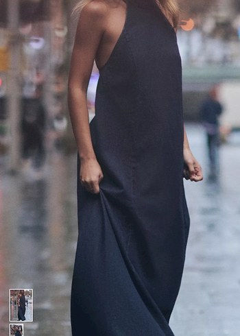 Yüksek Yakalı Lacivert Denim Midi Elbise - Görsel 4