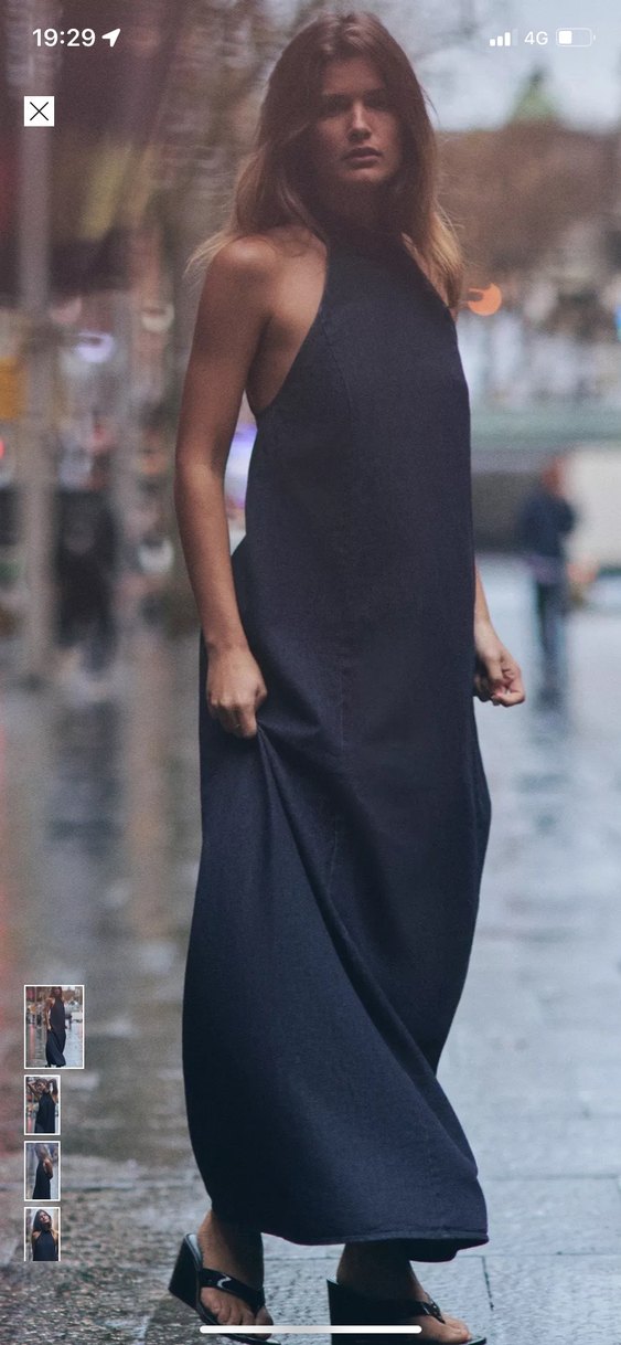 Yüksek Yakalı Lacivert Denim Midi Elbise - Görsel 4