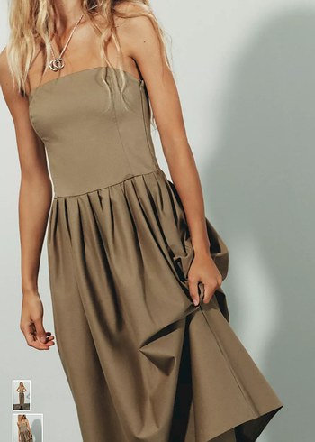 Bej Uzun Straplez Keten Elbise - Görsel 2