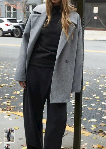 Gri Çift Düğmeli Kısa Kaban - Görsel 4