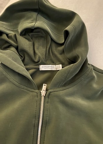 Stradivarius Haki Kapusonlu Fermuarli Sweatshirt