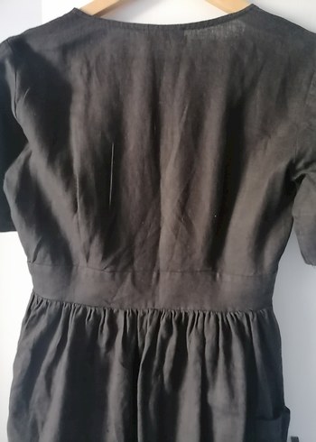 Düğmeli Siyah Keten Midi Elbise - Görsel 7