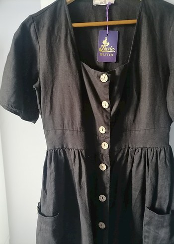 Düğmeli Siyah Keten Midi Elbise - Görsel 5