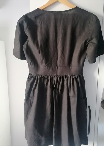 Düğmeli Siyah Keten Midi Elbise - Görsel 8