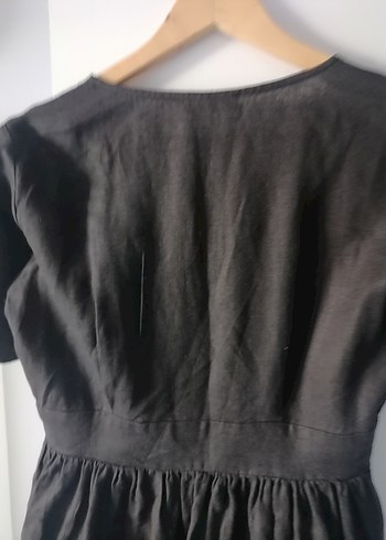 Düğmeli Siyah Keten Midi Elbise - Görsel 6