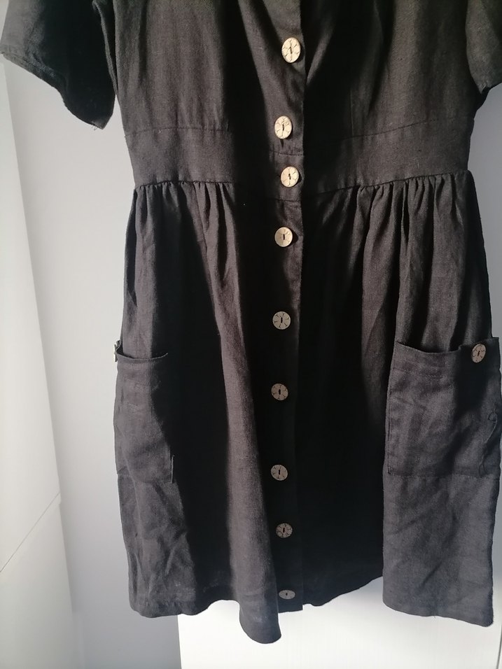 Düğmeli Siyah Keten Midi Elbise - Görsel 2