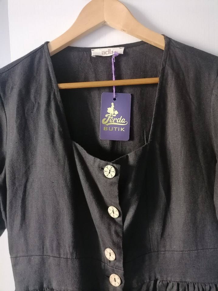 Düğmeli Siyah Keten Midi Elbise - Görsel 3