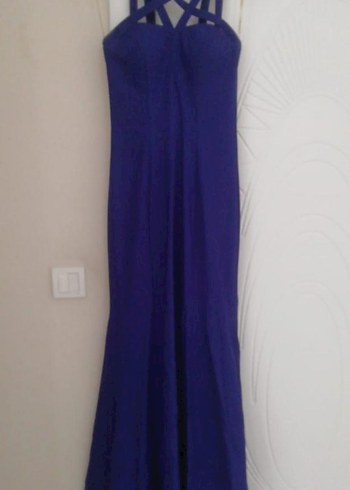 Mavi Uzun Askılı Drapeli Abiye Elbise - Görsel 3