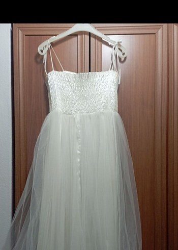 Beyaz Uzun Straplez Mini Gelinlik - Görsel 2