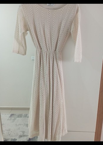 Bej Dantelli Midi Triko Kadın Elbise - Görsel 2