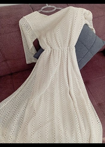 Bej Dantelli Midi Triko Kadın Elbise - Görsel 3