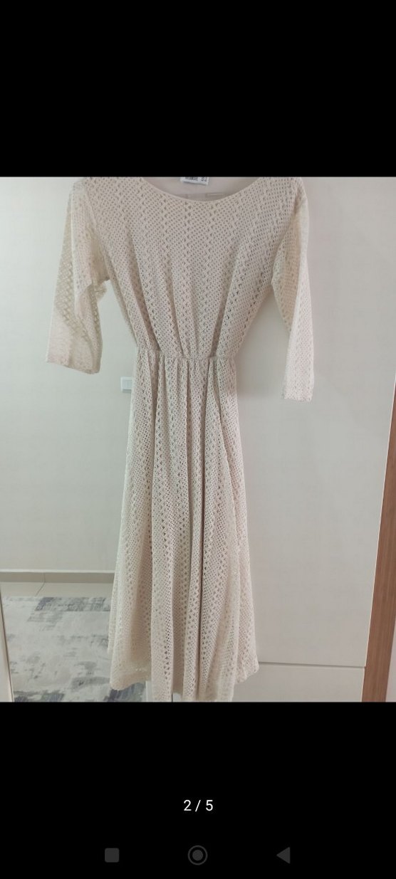 Bej Dantelli Midi Triko Kadın Elbise - Görsel 2