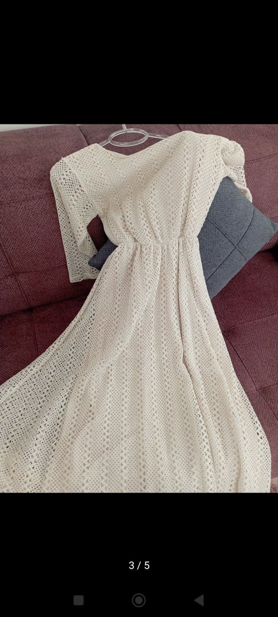 Bej Dantelli Midi Triko Kadın Elbise - Görsel 3