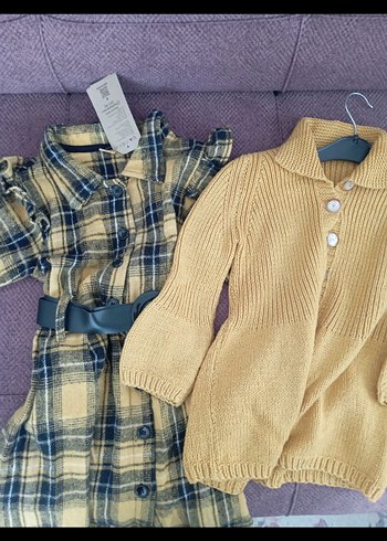 Sarı Örgü Kız Hırka Uzun Kollu ve elbise - Görsel 2