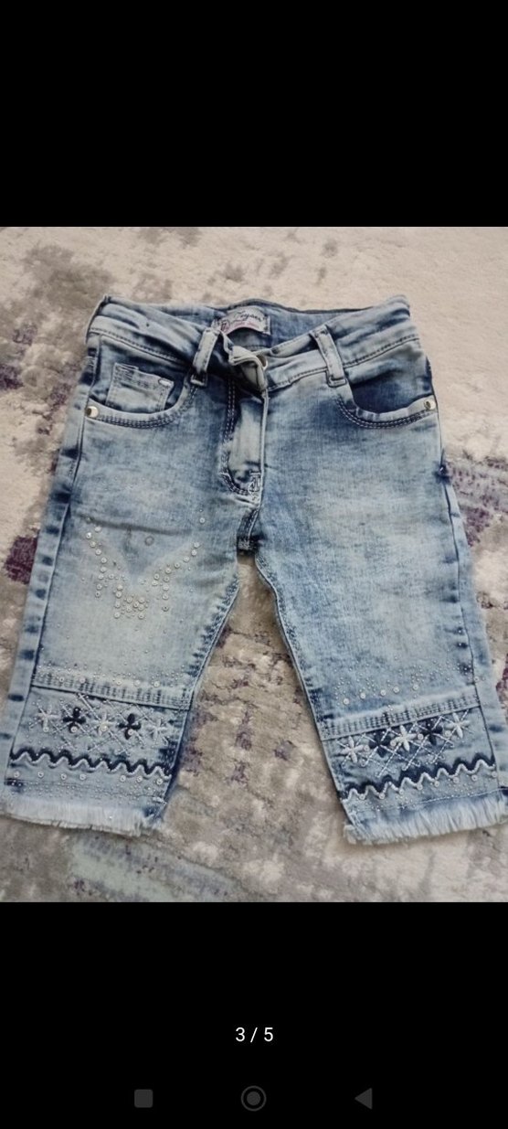 Nakışlı ve Pullu Mavi Kız Kot Pantolon - Görsel 3