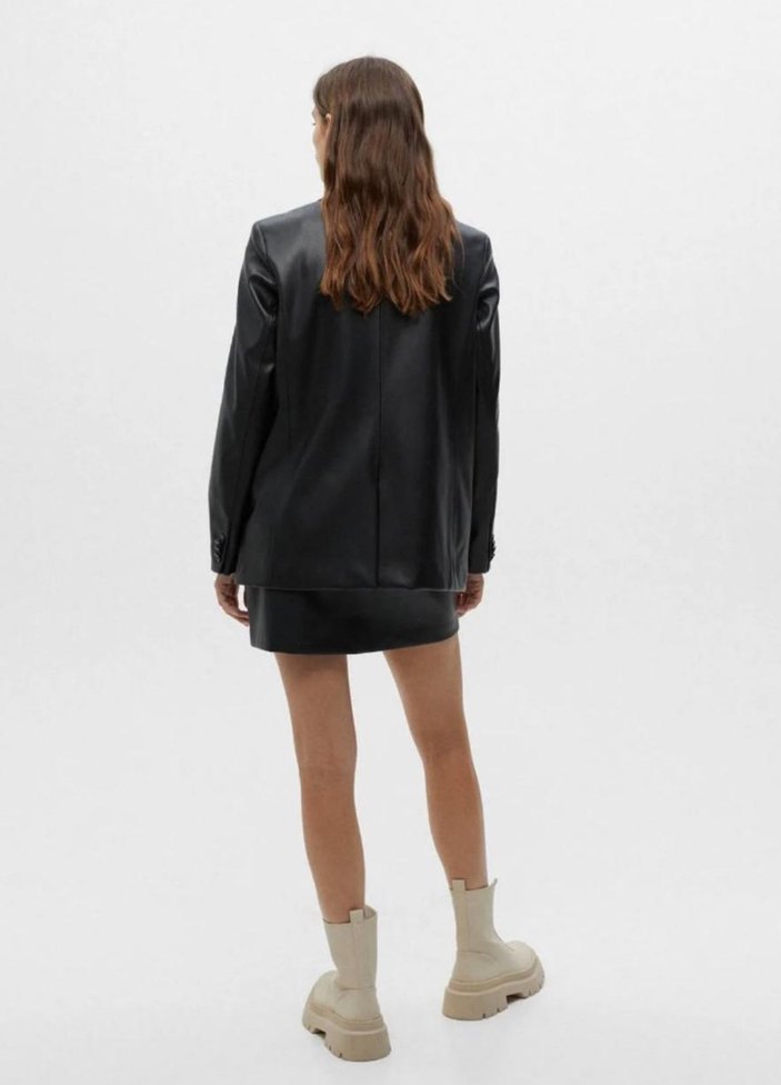 Kadın Siyah Deri Notch Yaka Ceket - Görsel 3