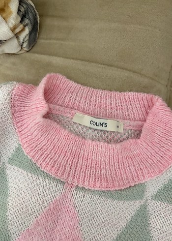 Pembe ve Gri Argyle Desenli Örgü Kadın Kazak - Görsel 3