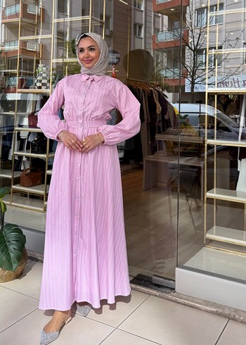 Düğmeli Pembe Uzun Kollu Uzun Elbise - Görsel 2