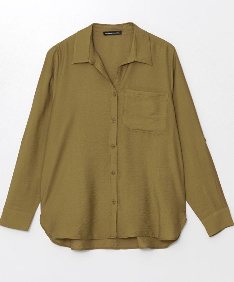 Kadın yağ yeşili uzun Kollu Keten Gömlek - Görsel 3