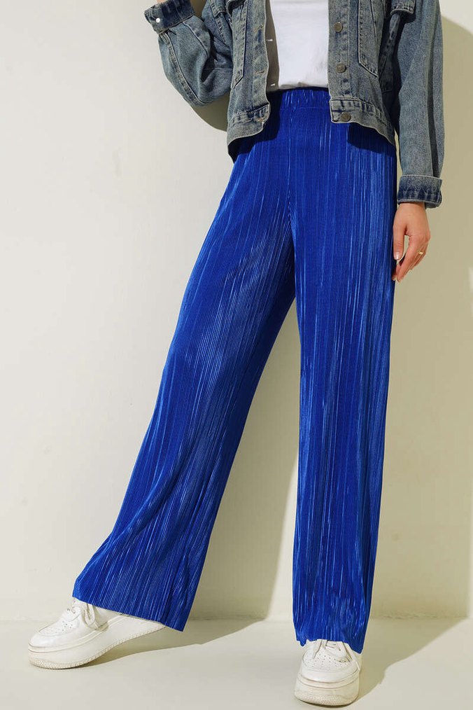 Saks Mavisi Pileli  Kadın Pantolon - Görsel 2