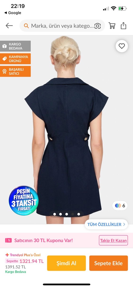 Düğmeli Lacivert Mini Elbise - Görsel 3