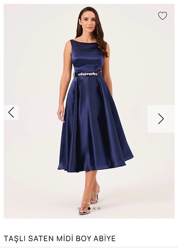 İlmio Parlak Lacivert Taşlı Saten Midi Abiye - Görsel 3