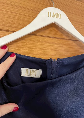 İlmio Parlak Lacivert Taşlı Saten Midi Abiye - Görsel 9