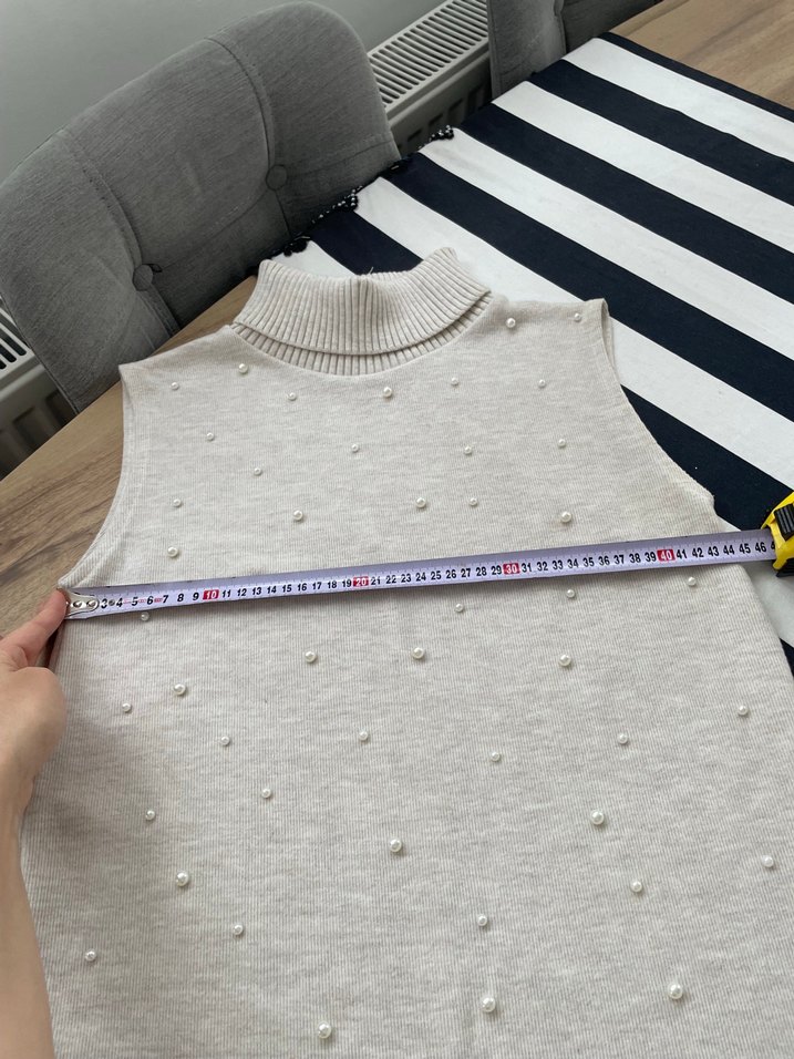 Zara İnci Detaylı Beyaz Kolsuz Boğazlı Triko Elbise - Görsel 5