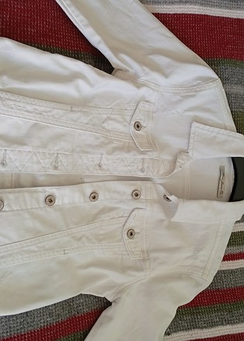 Düğmeli Beyaz Kadın kot Ceket - Görsel 4