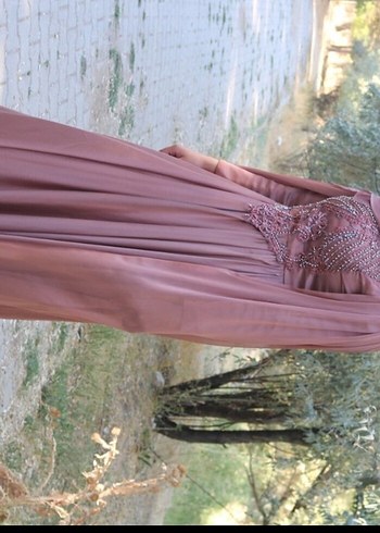 Bordo Nakışlı Uzun Kadın Abiye Elbise - Görsel 3