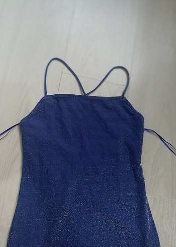 Parlak Mavi İp Askılı Mini Elbise