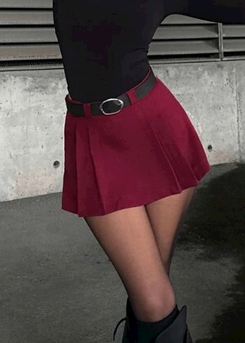 Zara Bordo Kemerli Mini Etek