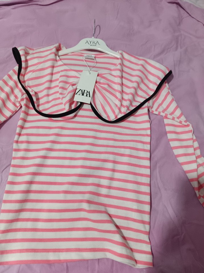 Kız Çocuk Pembe Çizgili Fırfırlı Sweatshirt - Görsel 2