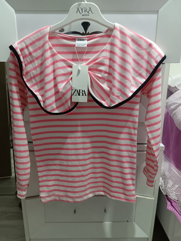 Kız Çocuk Pembe Çizgili Fırfırlı Sweatshirt - Görsel 4