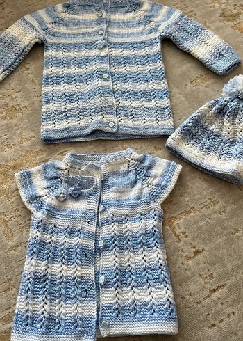 Diğer Unisex Örgü Mavi-Gri Hırka ve Bere Seti