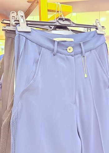 Kadın Mavi Pilili Kumaş Pantolon - Görsel 9