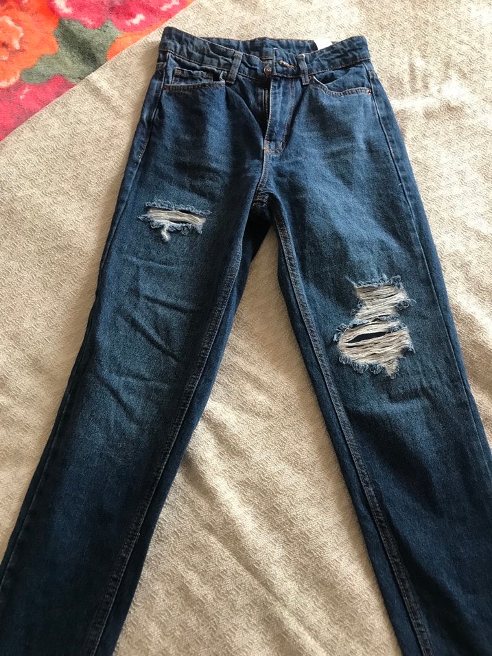 Kadın Lacivert Yırtık Bol Kesim Kot Pantolon - Görsel 2