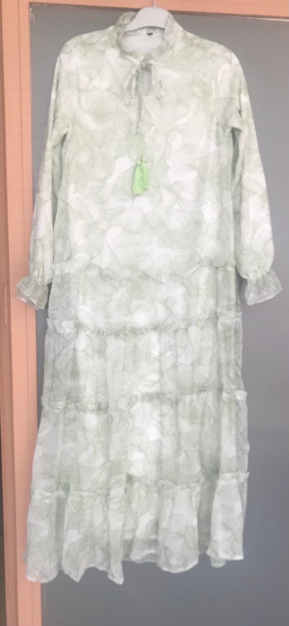 Uzun, Fırfırlı, Tesettür,Bohem Yeşil Elbise - Görsel 4