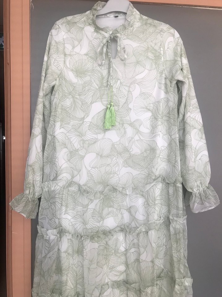 Uzun, Fırfırlı, Tesettür,Bohem Yeşil Elbise - Görsel 3