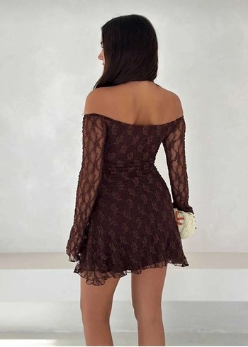 Dantel Detaylı Kahverengi Mini Elbise - Görsel 2