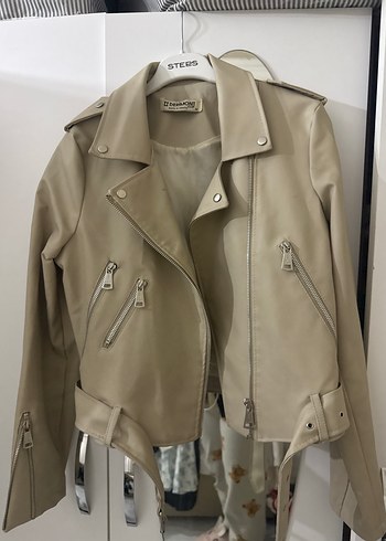 Bej Kemerli Kadın Deri Ceket - Görsel 2