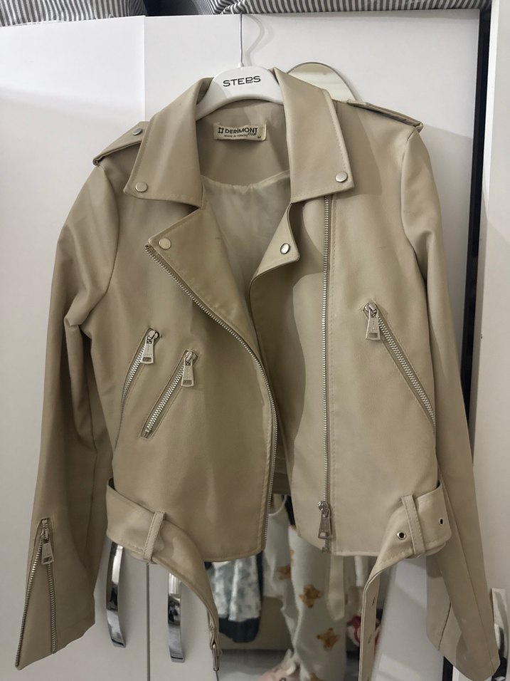 Bej Kemerli Kadın Deri Ceket - Görsel 2