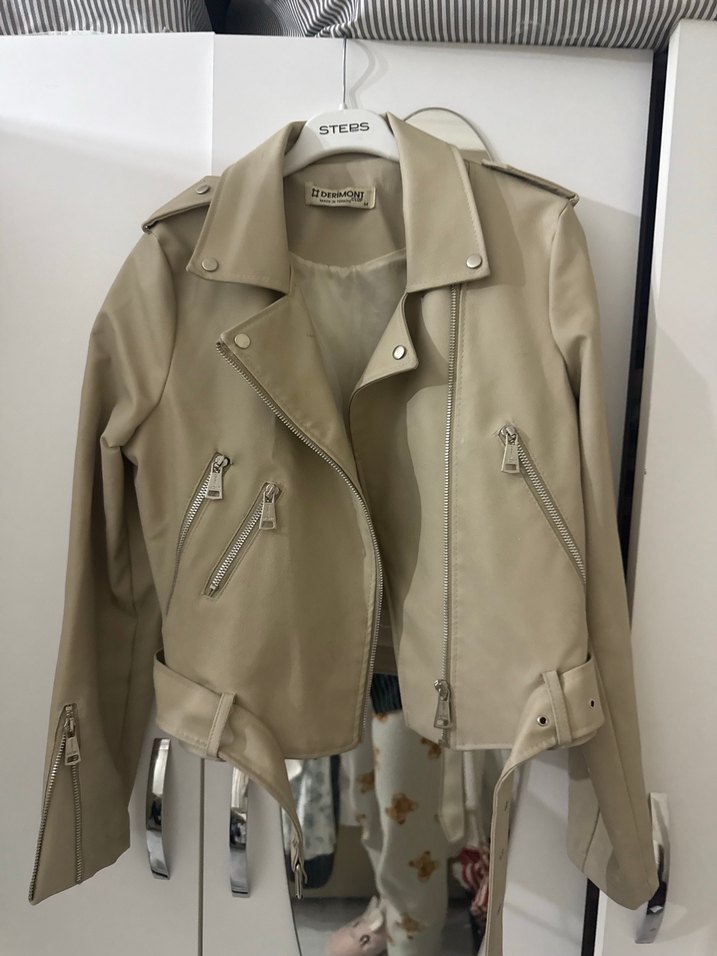 Bej Kemerli Kadın Deri Ceket - Görsel 4