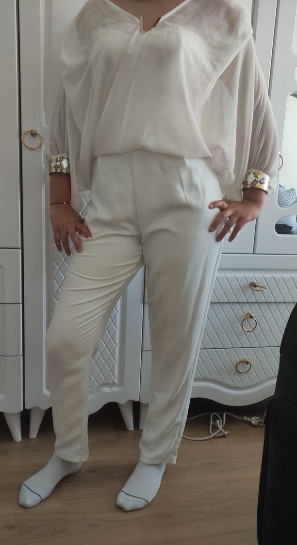 Beyaz Pilili Kadın Kumaş Pantolon - Görsel 2